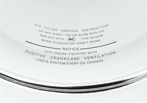 Chevelle and Nova Factory Correct Chrome Air Cleaner Cover Lid with Silk Screened Service Instructions, Curved, Angle 2