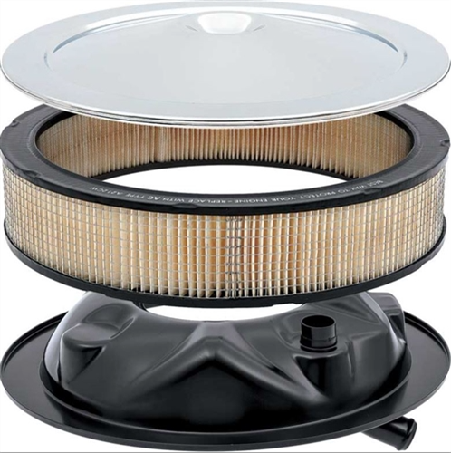 Open Element Air Cleaner Kit with Curved Service Instructions Chrome Lid, Base, and Filter