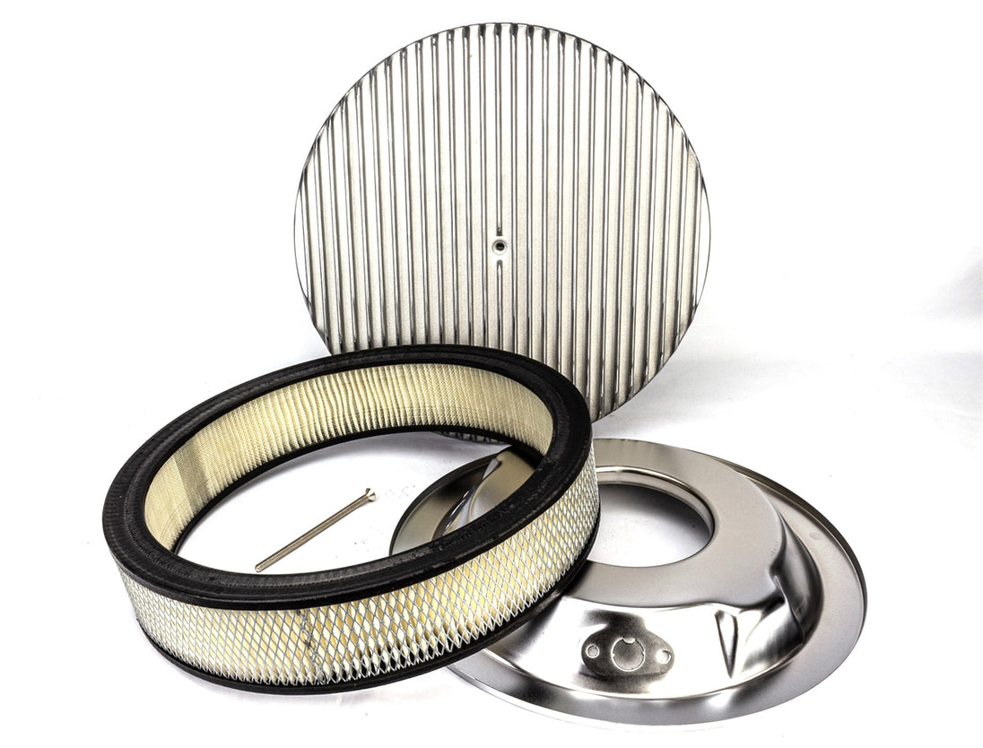 Air Cleaner Assembly, Round Open Element, POLISHED ALUMINIUM Finned Classic Ribbed Design, Angle 2