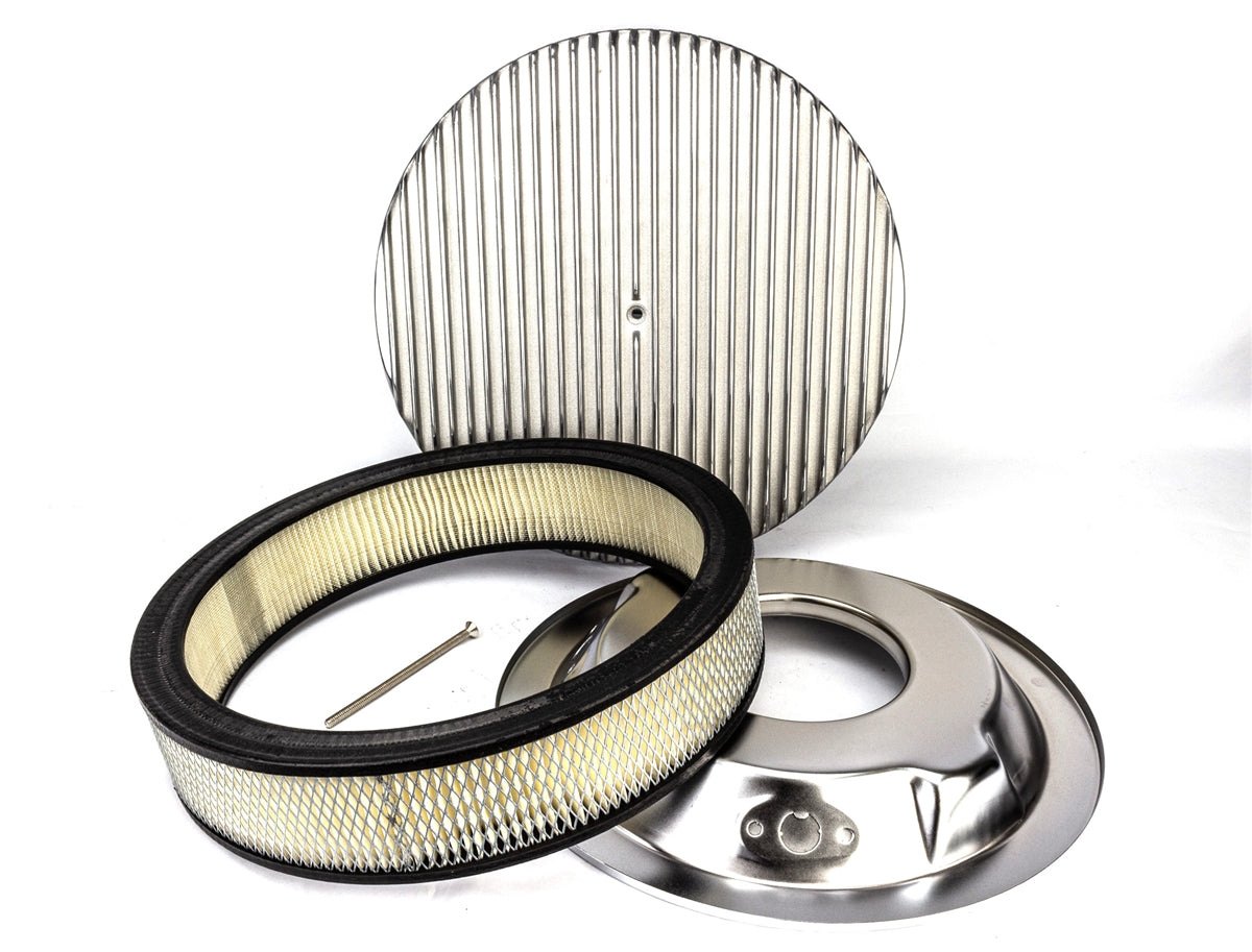 Air Cleaner Assembly, Round Open Element, POLISHED ALUMINIUM Finned Classic Ribbed Design, Angle 2