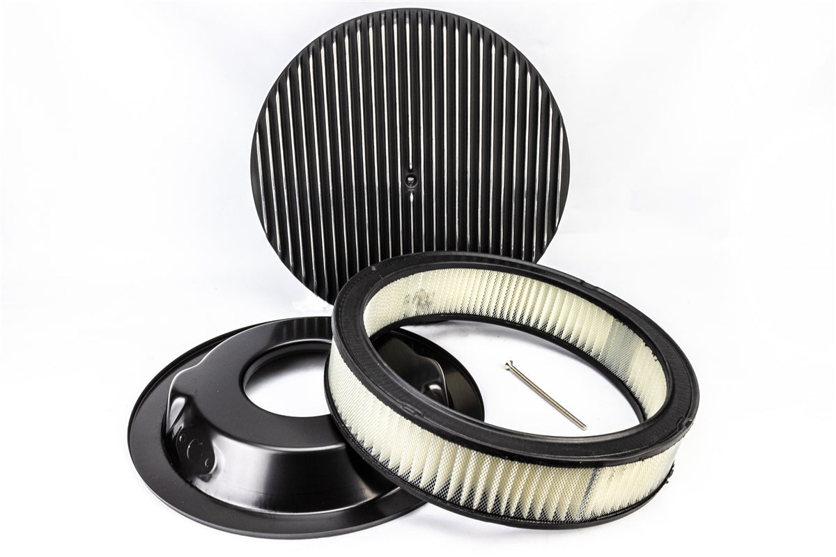 Air Cleaner Assembly, Round Open Element, BLACK ALUMINIUM Finned Classic Ribbed Design, Angle 2