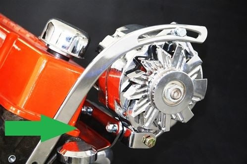 1967 - 1968 Chevelle and Nova Lower Alternator Adapter Bracket, Small Block with Headers, Chrome, Angle 4
