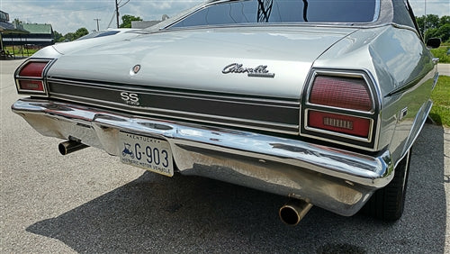 1969 Chevelle Rear Body Tail Light Panel Chrome Trim Molding, Lower, Angle 2