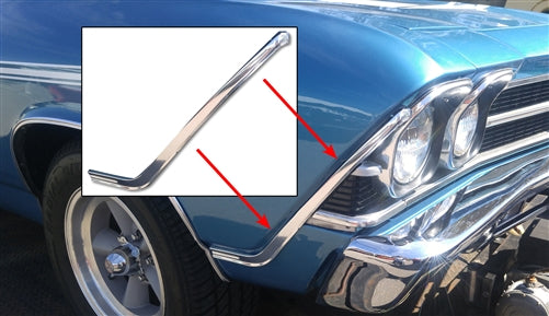 1969 Chevelle Front Fender Edge Chrome Eyebrow Moldings, Malibu, Pair