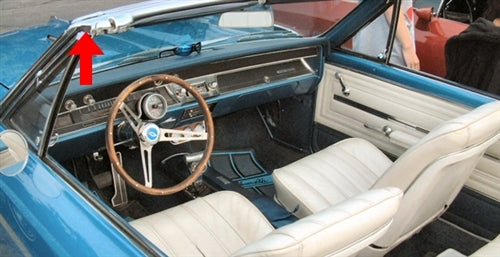 1966 - 1967 Chevelle Convertible Header Chrome Trim End Caps, Pair, Angle 2