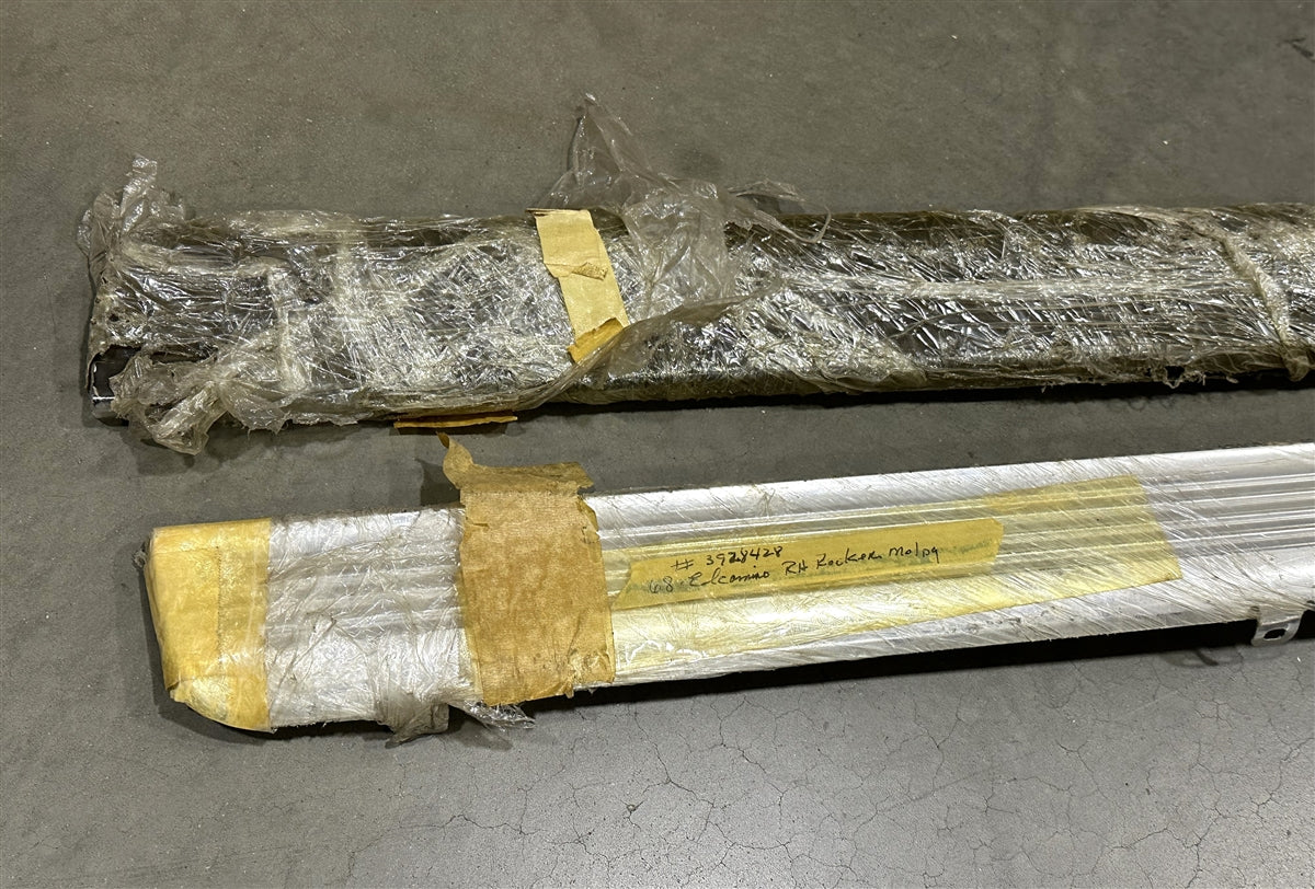 1968 Chevrolet El Camino Rocker Panel Chrome Trim Moldings, Original GM NOS, Pair, Angle 3
