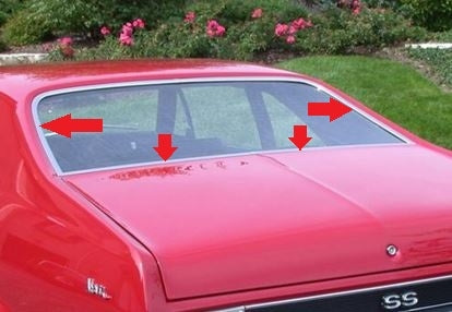 1968 - 1974 Nova Rear Back Window Glass Reveal Trim Chrome Moldings Kit, 4 Piece Set, Angle 2
