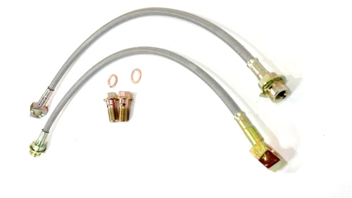 1966 - 1972 Front Disc Brake Braided Stainless Steel Flex Hoses and Banjo Bolts Kit, 7/16 Inch, Angle 3