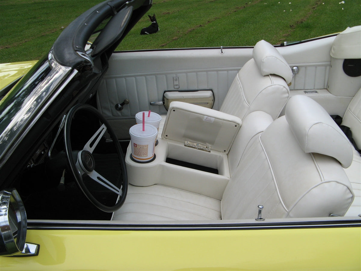 Images of a Nova and Chevelle Universal Custom Bench Seat Center Console with Cup Holders and Padded Arm Rest Door, Angle 5