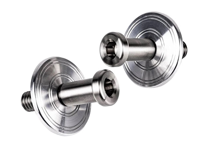 the new 1967 - 1972 Custom Stainless Steel Door Jamb Striker Bolts with Natural Machined Double Ring Billet Washer Plates, Pair