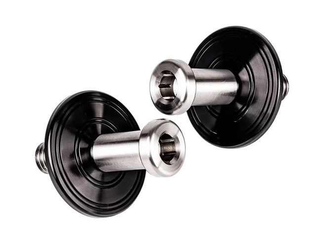 the New 1967 - 1972 Custom Chevelle or Nova Stainless Steel Door Jamb Striker Bolts with Black Anodized Double Ring Billet Washer Plates, Pair