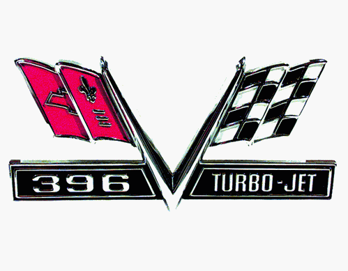 1965 - 1967 Chevelle Fender Emblem, V-Flag with "396 TURBO-JET", Imported, Each