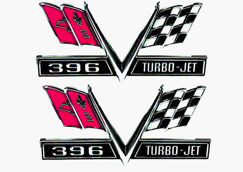 1965 - 1967 Chevelle Fender Emblems, V - Flag with "396 TURBO - JET", Imported, Pair