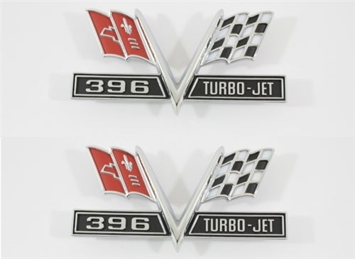 1965 - 1967 Chevelle Premium Quality Front Fender V-Flag with "396 TURBO-JET" Emblems, Pair, Angle 2