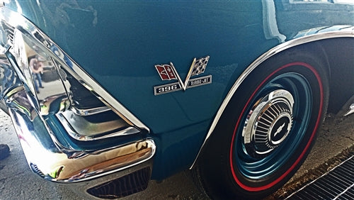 1965 - 1967 Chevelle Premium Quality Front Fender V-Flag with "396 TURBO-JET" Emblems, Pair, Angle 3