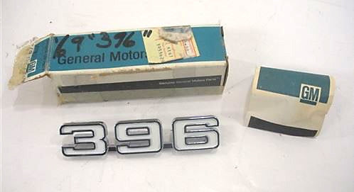 1970 Nova Front Fender 396 Emblems, Original GM NOS Pair, Angle 2