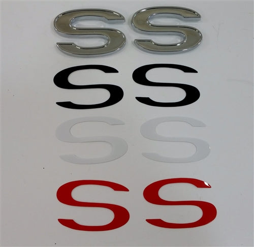 Custom SS Emblem, Super Sport with RED, WHITE, and BLACK Inserts, Peel and Stick, Angle 2