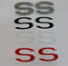 Custom SS Emblem, Super Sport with RED, WHITE, and BLACK Inserts, Peel and Stick, Angle 2