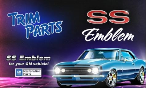 Custom SS Emblem, Super Sport with RED, WHITE, and BLACK Inserts, Peel and Stick, Angle 3