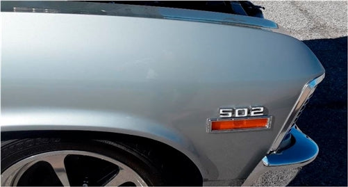 502 Custom Front Fender Emblems, White Inner, Pair, Angle 2