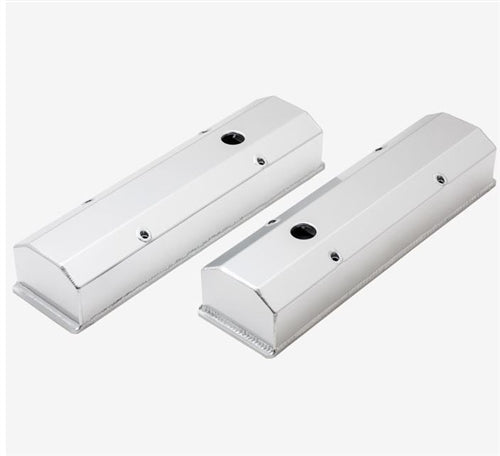 New Chevy Small Block Fabricated Aluminum Valve Cover, Clear Anodized Finish, Angle 3
