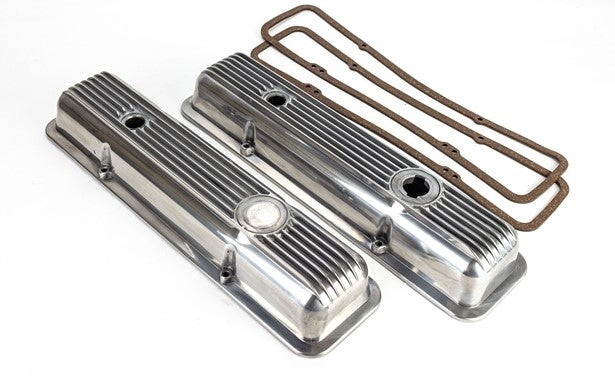Small Block Ribbed Polished Aluminum Valve Cover Set, Z/28 or LT1 OE Style