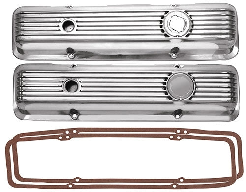 Small Block Ribbed Polished Aluminum Valve Cover Set, Z/28 or LT1 OE Style, Angle 2