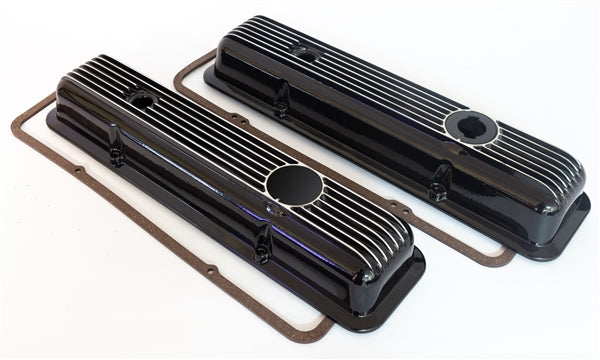 1969 - 1974 Valve Cover Set, Z/28 / LT1 Small Block Black Aluminum Ribbed Cork Gaskets Included, GM LICENSED