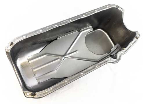 Chevelle and Nova Oil Pan, Small Block, OE Style Raw Steel, Angle 3