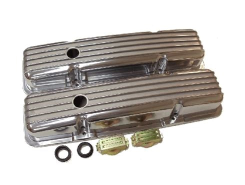 Small Block Chevy Valve Covers, POLISHED ALUMINIUM Finned Classic Ribbed Design, Stock Height