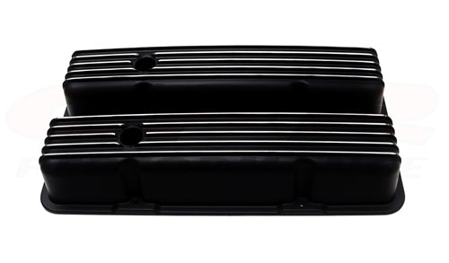 Valve Covers, Small Block, BLACK ALUMINIUM Finned Classic Ribbed Design - Tall