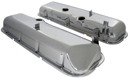 1966 - 1972 Chevy Big Block Chrome Valve Covers with Drippers, Stock Height with Booster Dent