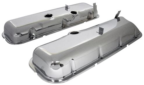 1966 - 1972 Chevy Big Block Chrome Valve Covers with Drippers, Stock Height with Booster Dent, Angle 2