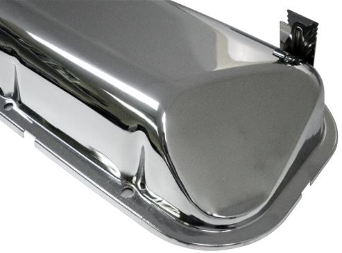 1966 - 1972 Chevy Big Block Chrome Valve Covers with Drippers, Stock Height with Booster Dent, Angle 3