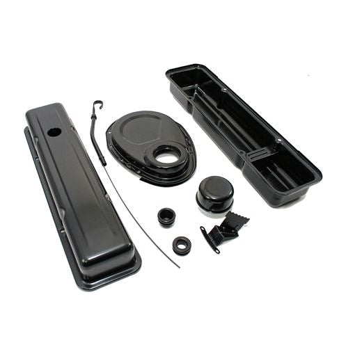 1958 - 1986 CHEVY SMALL BLOCK 283, 305, 327, & 350 BLACK STEEL VALVE COVER, TIMING COVER, BREATHER, DIPSTICK, Angle 2