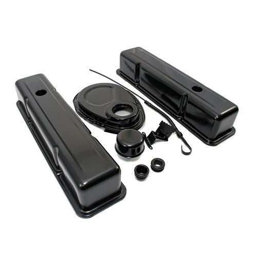 1958 - 1986 CHEVY SMALL BLOCK 283, 305, 327, & 350 BLACK STEEL VALVE COVER, TIMING COVER, BREATHER, DIPSTICK, Angle 2