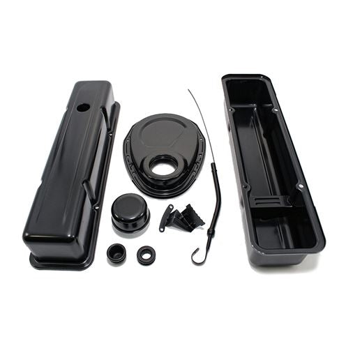 1958 - 1986 CHEVY SMALL BLOCK 283, 305, 327, & 350 BLACK STEEL VALVE COVER, TIMING COVER, BREATHER, DIPSTICK, Angle 3