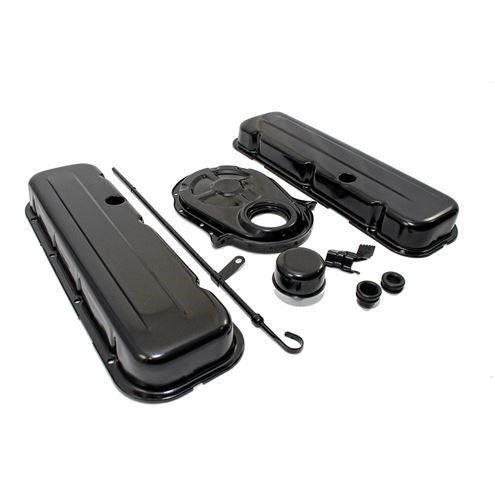 1965 - 1995 CHEVY BIG BLOCK 396, 427, 454, & 502 BLACK STEEL VALVE COVER, TIMING COVER, BREATHER, DIPSTICK, Angle 2