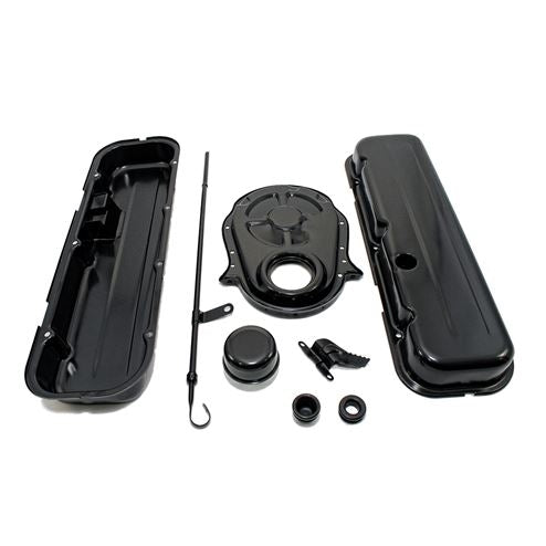 1965 - 1995 CHEVY BIG BLOCK 396, 427, 454, & 502 BLACK STEEL VALVE COVER, TIMING COVER, BREATHER, DIPSTICK, Angle 3
