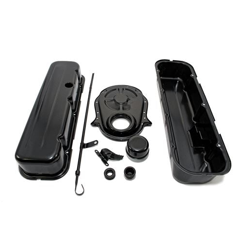 1965 - 1995 CHEVY BIG BLOCK 396, 427, 454, & 502 BLACK STEEL VALVE COVER, TIMING COVER, BREATHER, DIPSTICK ENGINE, Angle 3
