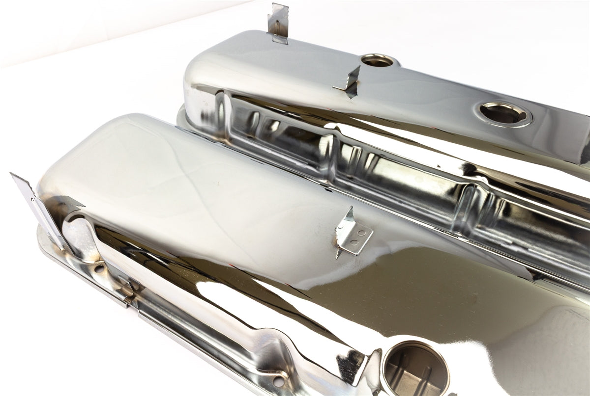 1966 - 1972 BIG BLOCK Valve Covers, CHROME Without Drippers, TALLER CHEATER VERSION, Angle 3