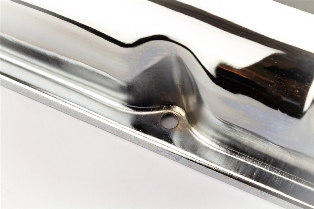 1966 - 1972 BIG BLOCK Valve Covers, CHROME Without Drippers, TALLER CHEATER VERSION, Angle 5