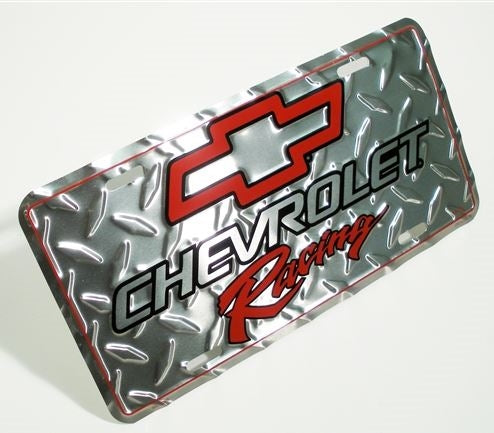 License Plate, Chevrolet Racing with Red Bow Tie Logo and Diamond Plating, Angle 2