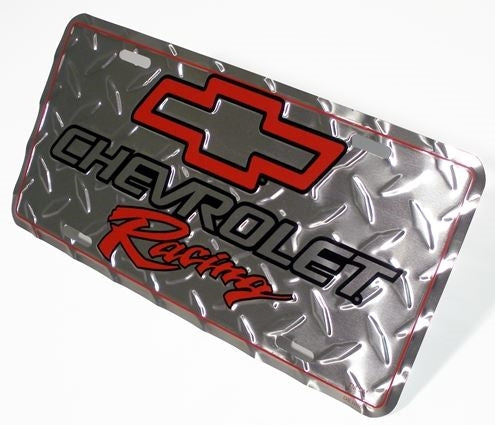License Plate, Chevrolet Racing with Red Bow Tie Logo and Diamond Plating, Angle 3