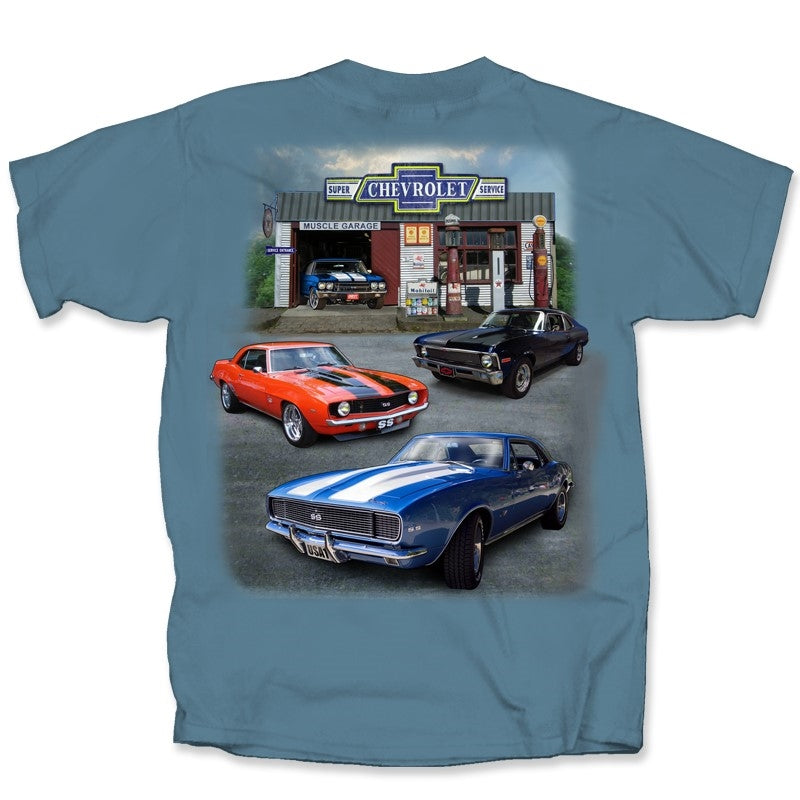 a Chevy Super Service Camaro, Nova, & Chevelle Muscle Car Garage Indigo Blue T-shirt