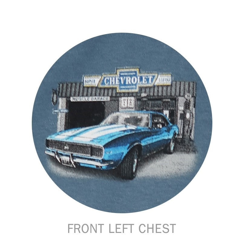 a Chevy Super Service Camaro, Nova, & Chevelle Muscle Car Garage Indigo Blue T-shirt, Angle 2