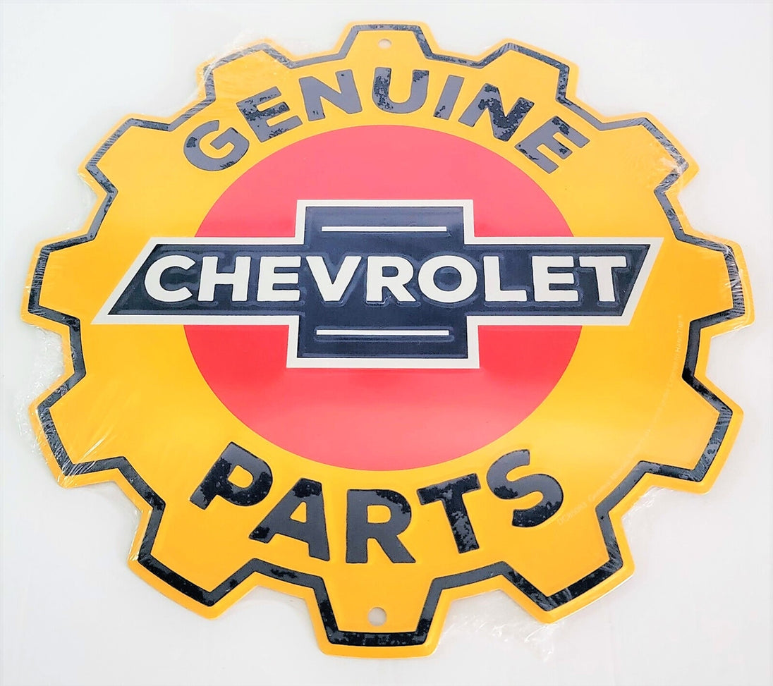 a Genuine Chevrolet Parts Large 24" ROUND Metal Tin Chevy Gear Shape Sign