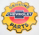 a Genuine Chevrolet Parts Large 24" ROUND Metal Tin Chevy Gear Shape Sign