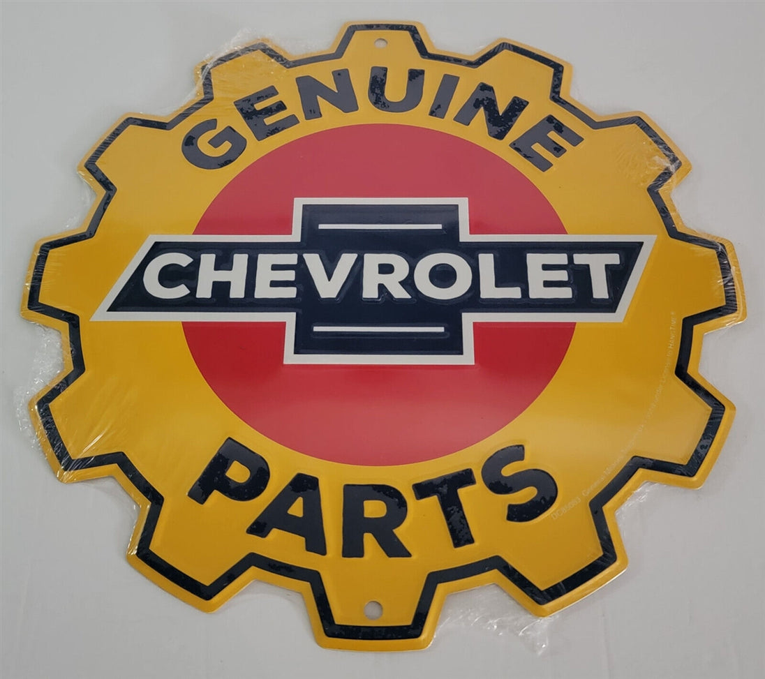 a Genuine Chevrolet Parts Large 24" ROUND Metal Tin Chevy Gear Shape Sign, Angle 2