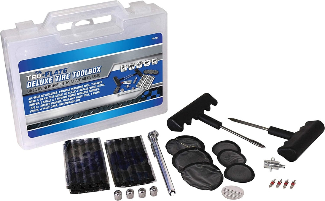 a Tru-Flate Deluxe 46-Piece Tire Plug Repair Tool Box Kit